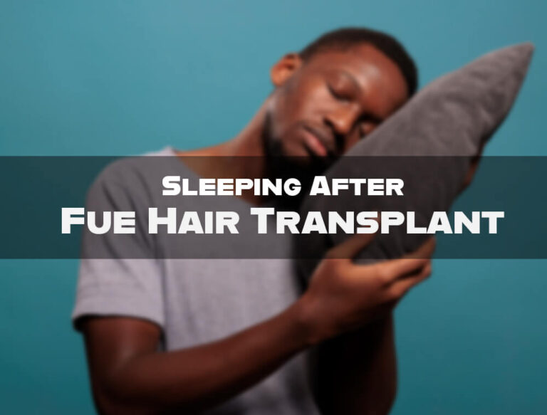 A man sleeping after FUE hair transplant in an upright position with a neck pillow to protect hair transplant grafts.