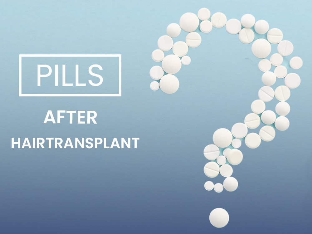 Assortment of various medical pills and capsules on a flat surface for a blog titled "Pills After Hair Transplant"