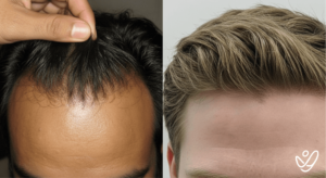 Side-by-side comparison of hair restoration results, showing sparse and unnatural-looking hair plugs on the left versus a modern, high-density, and natural-looking hair transplant on the right.