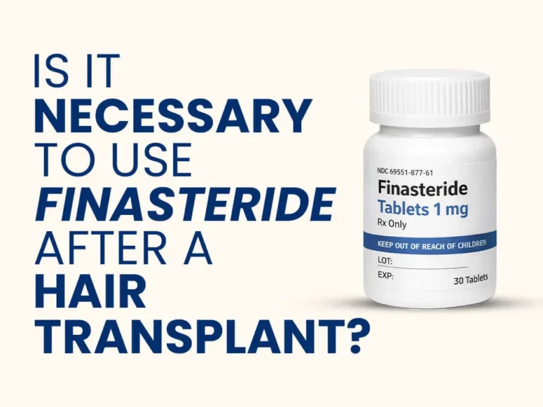 Bottle of Finasteride 1mg tablets with text "Is It Necessary To Use Finasteride After A Hair Transplant?"